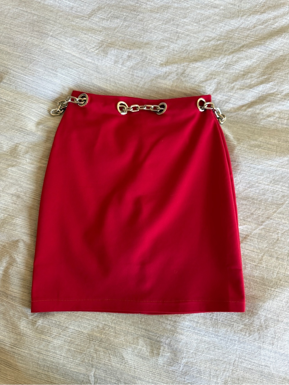 by the way. Bright Red Mini Skirt with Silver Chain Waist